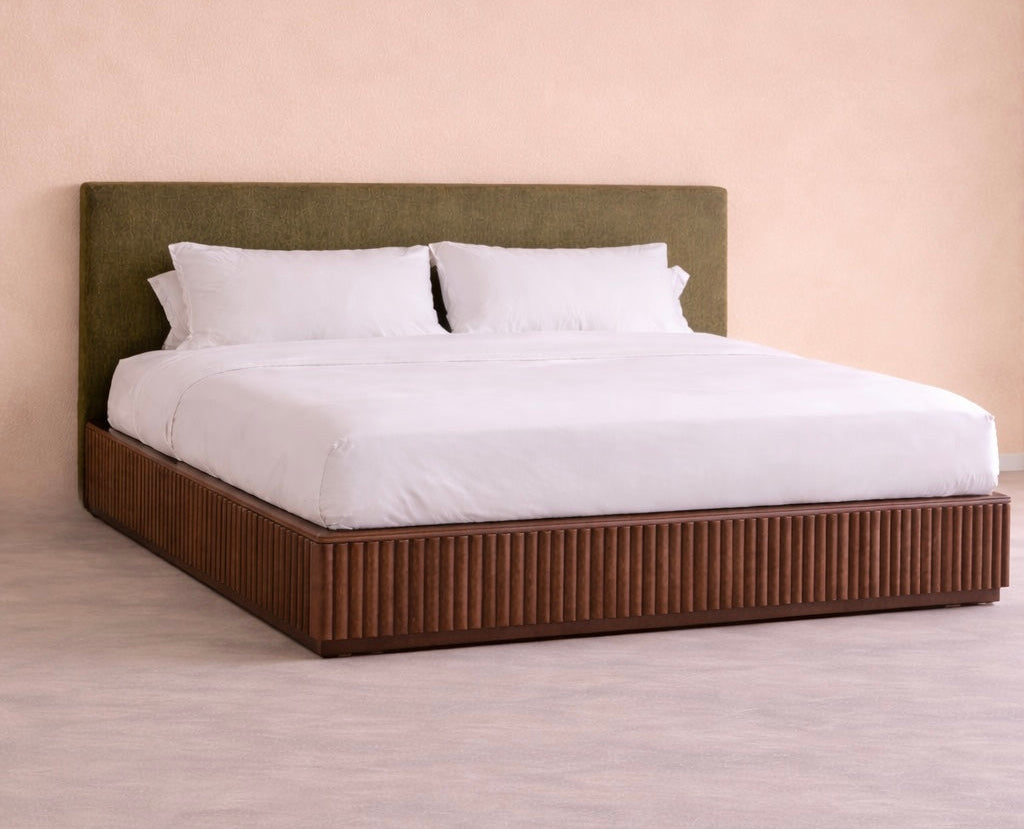 Lotus Platform Bed - Upholstered (Custom) Queen Medium Walnut Fluted #MWS Options 1