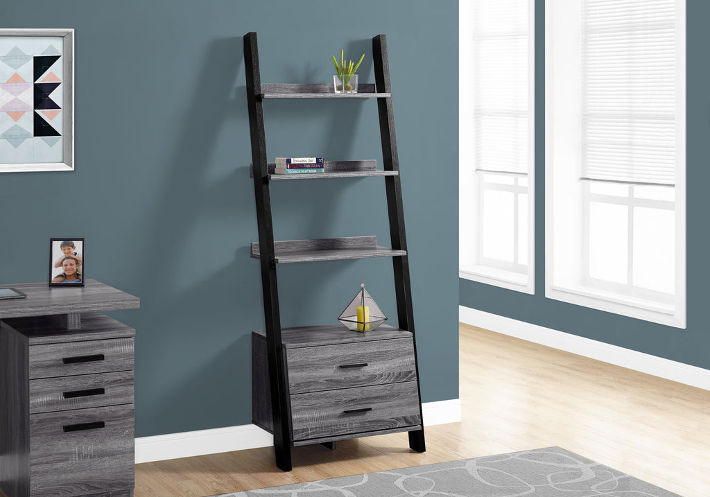 Candace & Basil Bookcase - 69"H / Grey-Black Ladder With 2 Storage Drawer