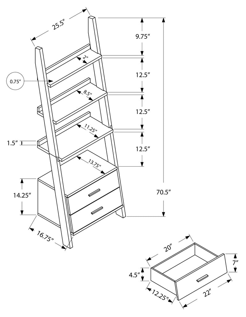 Bookcase - 69"H / Grey-Black Ladder With 2 Storage Drawer