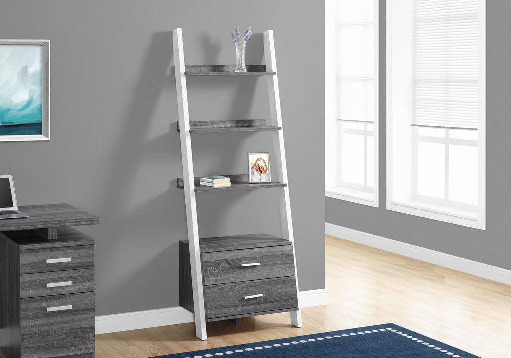 Candace & Basil Bookcase - 69"H / Grey-White Ladder With 2 Storage Drawer