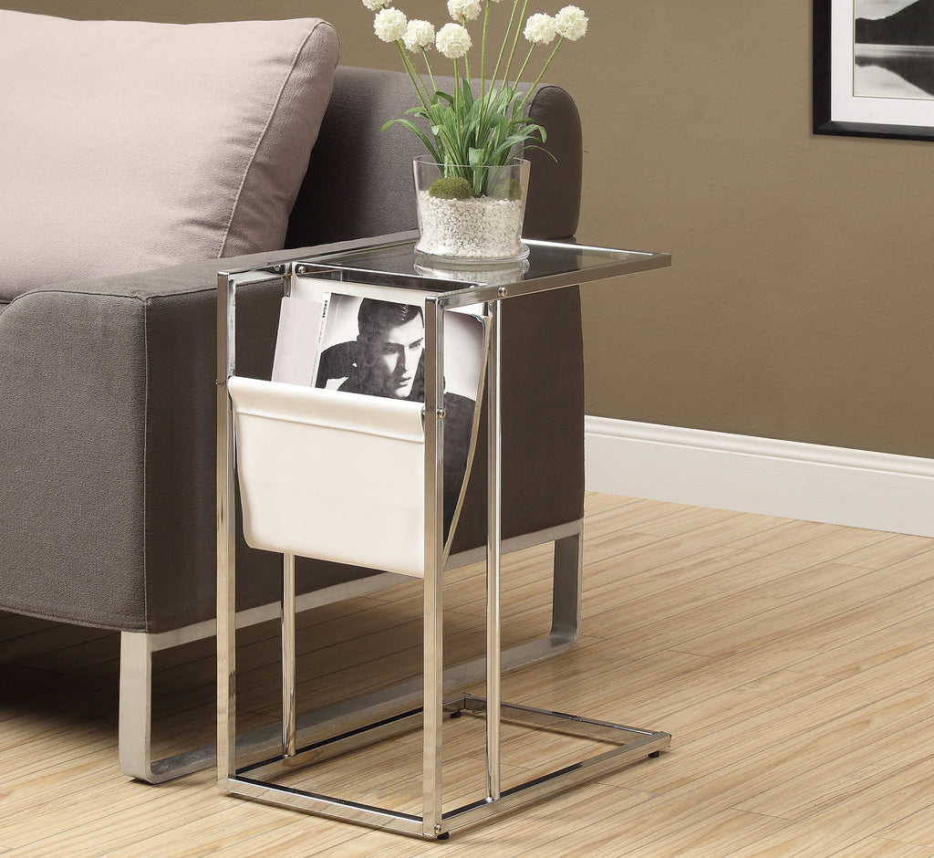 Candace & Basil Snack Table - White / Chrome Metal With A Magazine Rack