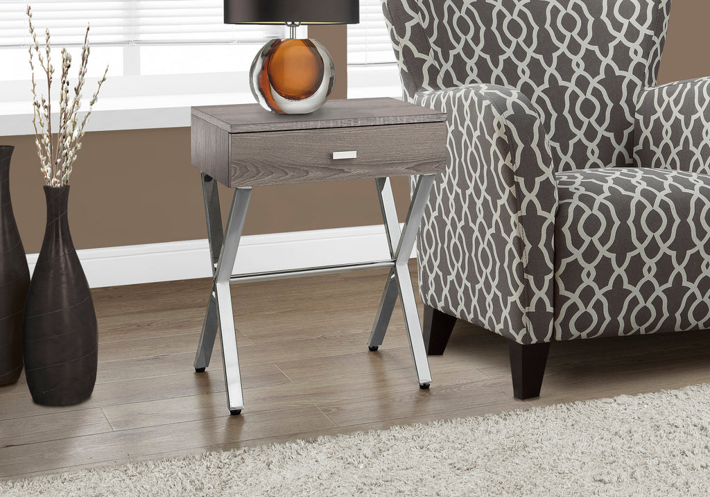 Candace & Basil Accent Table - Dark Taupe / Chrome Metal Night Stand