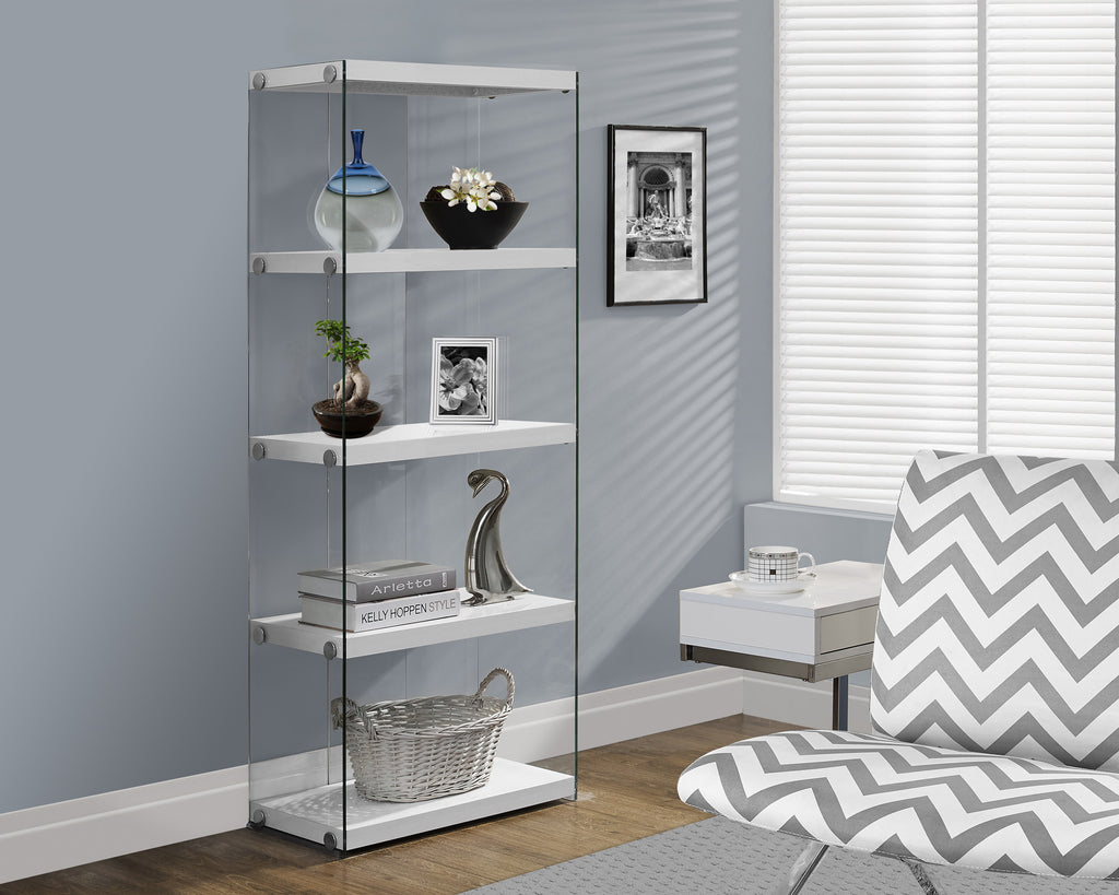 Candace & Basil Bookcase - 60"H / Glossy White With Tempered Glass